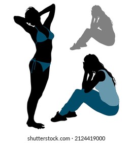 Silhouette of a girl in a bikini swimsuit, standing barefoot, hands raised behind her head. Woman in jeans sitting side view. Vector illustration