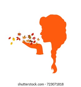 Silhouette of a girl blowing on the autumn leaves.vector
