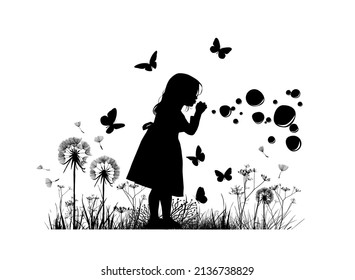 Silhouette of a girl blowing soap bubbles. Vector illustration