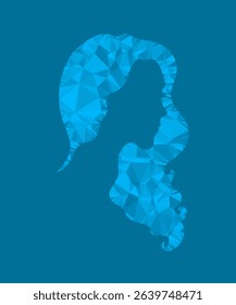 Silhouette of a girl in blue tones. Girl with hair made with the help of triangulation. Low poly vector silhouette of a head