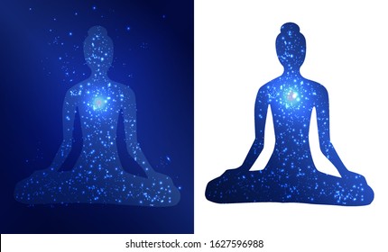 Silhouette of a girl with the body of the starry sky in a lotus yoga position. Meditation and connection with cosmic energy. Vector isolated illustration.