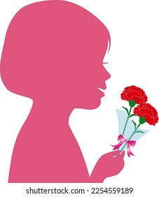 Silhouette of a girl with a bouquet of carnations for mother's day