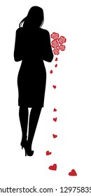 silhouette of a girl with a bouquet of roses and rose petals in the shape of hearts