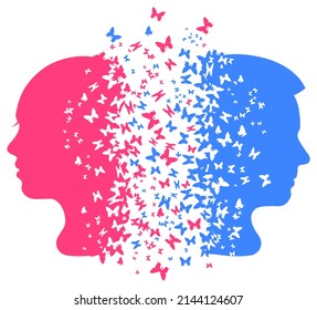 Silhouette girl and boy with butterflies, vector illustration