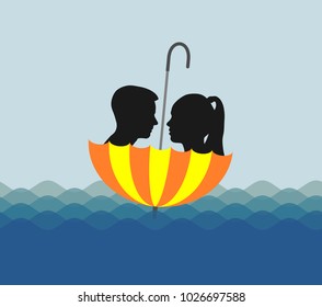 Silhouette of girl and boy in umbrella
