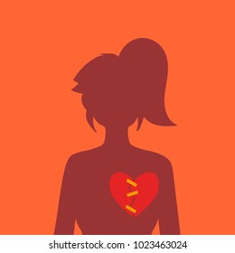 Silhouette of a girl with a broken heart, which is glued together with an adhesive tape