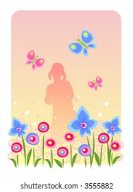 Silhouette of the girl with butterflies on a background of a blossoming meadow.