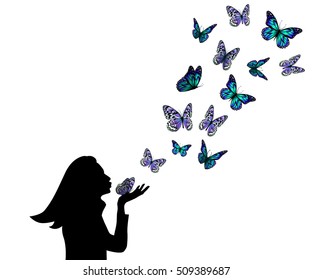 Silhouette of a girl with butterflies. Vector