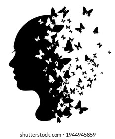 Silhouette of a girl with butterflies, vector illustration