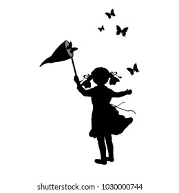 Silhouette Girl With Butterfly Net. Vector Illustration