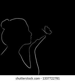 Silhouette of a girl with a butterfly one line draw vector illustration