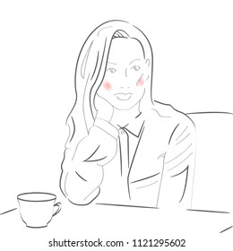 Silhouette of a girl in a cafe with a cup of coffee