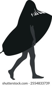 Silhouette of a girl carrying a surfboard under her arm while walking confidently. Perfect for surf-themed designs, sports concepts, and outdoor activity illustrations.