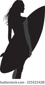 Silhouette of a girl carrying a surfboard under her arm while standing confidently. Perfect for surf-themed designs, sports concepts, and outdoor activity illustrations.