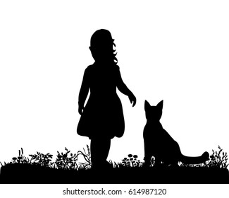  silhouette girl with cat