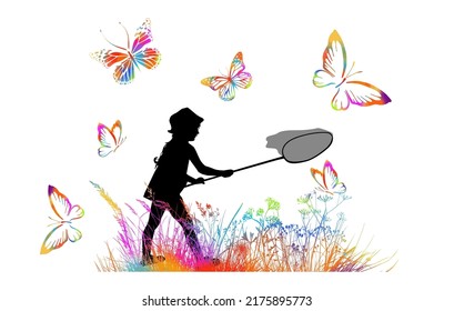 Silhouette de una chica atrapando mariposas. Ilustración del vector