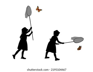 Silhouette of a girl catching butterflies. Vector illustration