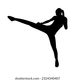 silhouette of girl character kicking sandbag. concept of kickboxing, fitness, gym, sport, martial arts. flat vector illustration.