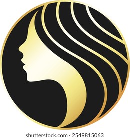 Silhouette of a girl in a circle, gold on a black background