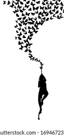 Silhouette girl climbs up the rope. A lot of flying butterflies. Vector illustration