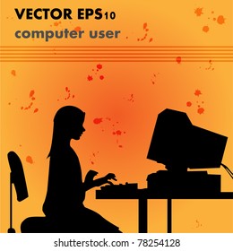 Silhouette girl at computer - vector.