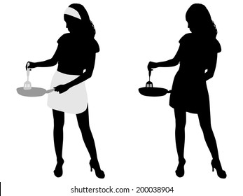 Silhouette Of Girl Cooking, Vector 