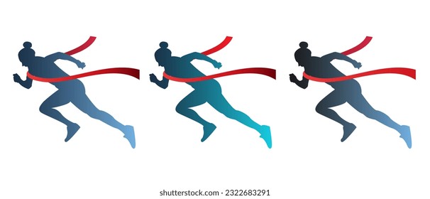 Silhouette of a girl crossing the red ribbon finish. Set.