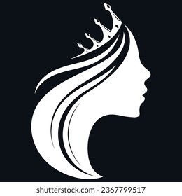 Silhouette of a girl with a crown on her head. Beauty salon and hair care symbol