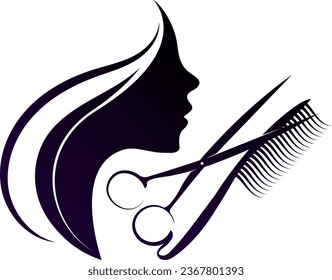 Silhouette of a girl with curls of hair, scissors and a comb
