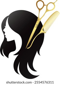 Silhouette of a girl with curls of hair, scissors and comb