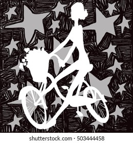 Silhouette of girl cyclist on a stars background