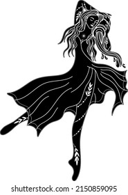 Silhouette eines Mädchens. Tanzsilhouette. Hexe. Lineare Vektorgrafik.