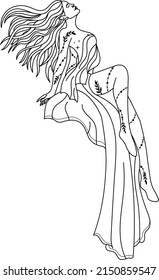 Silhouette of a girl. Dancer silhouette. Witch. Vector linear illustration.