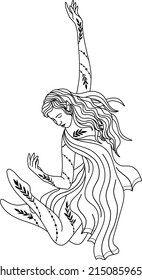 Silhouette of a girl. Dancer silhouette. Witch. Vector linear illustration.