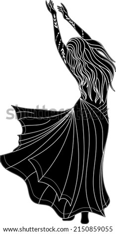 Silhouette of a girl. Dancer silhouette. Witch. Vector linear illustration.