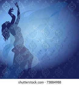 silhouette of a girl dancing at the blue curtain