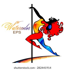Silhouette of a girl dancing at the pole with elements of watercolour