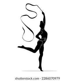 Silhouette of girl dancing rhythmic gymnastics using ribbon isolated on white background