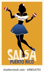 Silhouette Of Girl Dancing Salsa With Maracas. Retro Style Puerto Rico Poster.