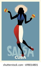 Silhouette of girl dancing salsa with maracas. Retro style Cuba poster.