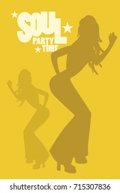 Silhouette of girl dancing soul, funky or disco music. Retro Style.