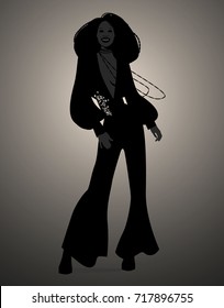 Silhouette of girl dancing soul, funky or disco music. Retro Style.