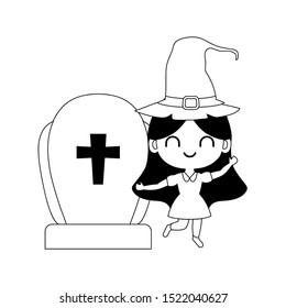 silhouette of girl disguised as a witch with icons halloween vector illustration design