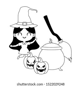 silhouette of girl disguised as a witch and pumpkin with treats vector illustration design