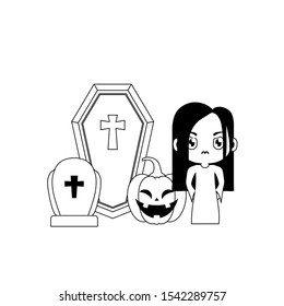 silhouette of girl disguised as a zombie with icons halloween vector illustration design