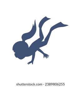 Silhouette of girl diver, flat vector illustration on white background. Black spot in the shape of snorkeling female kid in flippers underwater. Design element for diving and underwater sports.