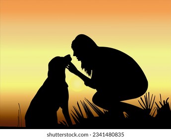 silhouette of a girl and a dog in a field at sunset