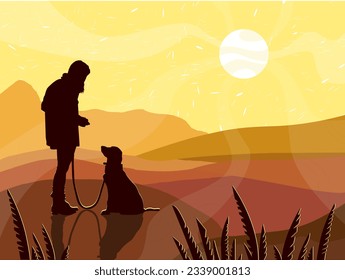 Silhouette of a girl with a dog on the background of a mountain evening landscape with sunset and grass.