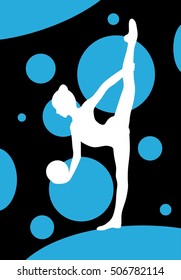 Silhouette of girl doing  gymnastics exercises with ball over abstract dotted background