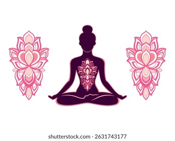 Silhouette of a girl doing yoga with flowers on white background. Meditation silhouette, Yoga icon template color editable. Yoga symbol vector sign. Greeting card.
